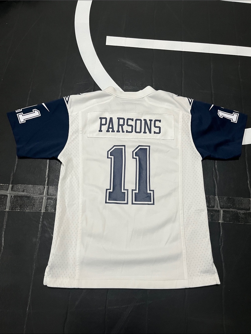 Nike White and Navy Kids Football Jersey "Parsons" #11